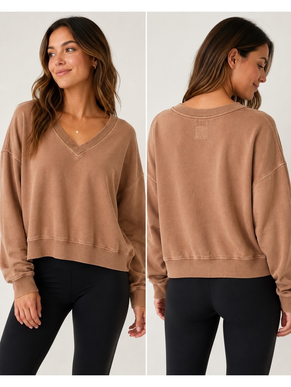 Aerie Womens XL Oversized V Neck Sweatshirt Brown Tan Pullover Relaxed Fit